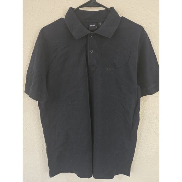 Hugo Boss Regular Fit All Cotton Mesh Solid Polo Shirt, Embroidered, Black Large - Picture 1 of 6